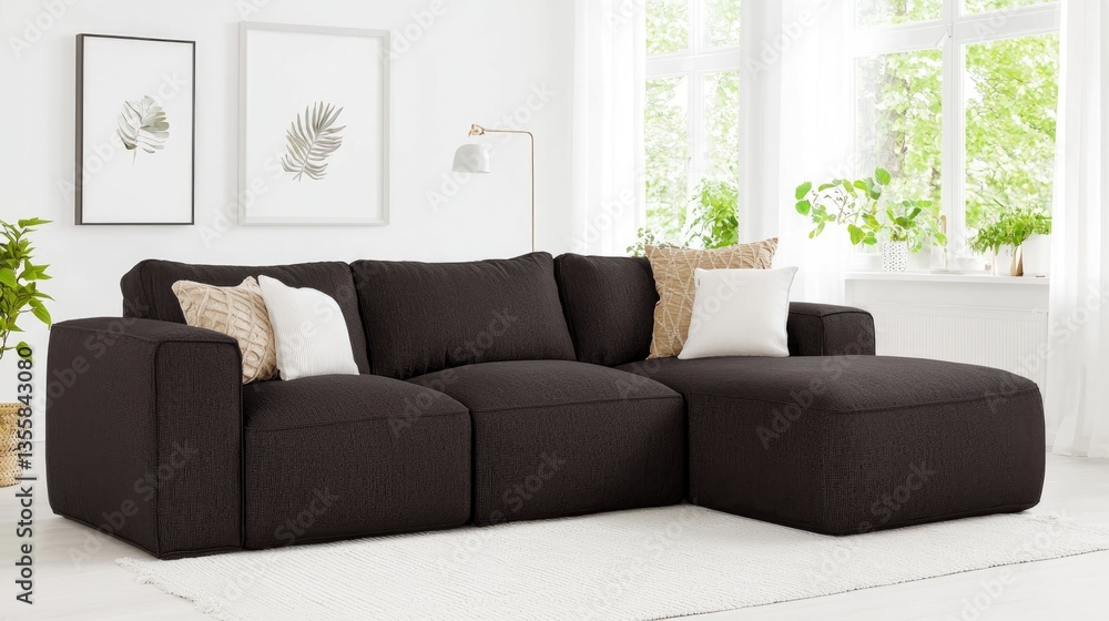 Fototapeta premium Modern luxurious living room with deep brown sofa in bright minimalist environment