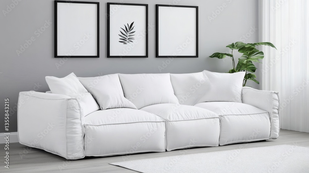 Elegant white modular sofa with minimalist artwork for modern living space Elegant white modular sofa with minimalist artwork for modern living space