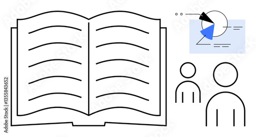 Open book symbolizing knowledge, two figures representing individuals or users, and an analytical pie chart suggesting data insights and interaction. Ideal for education, studying, teamwork
