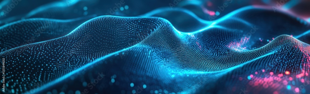 Abstract Technology Background with Glowing Particles and Wavy Surface Abstract Technology Background with Glowing Particles and Wavy Surface