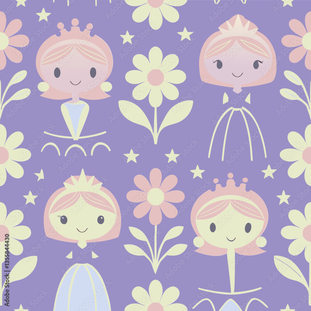 Seamless pattern with cute elf characters and floral elements on a purple background for kids textiles and wallpapers Seamless pattern with cute elf characters and floral elements on a purple background for kids textiles and wallpapers