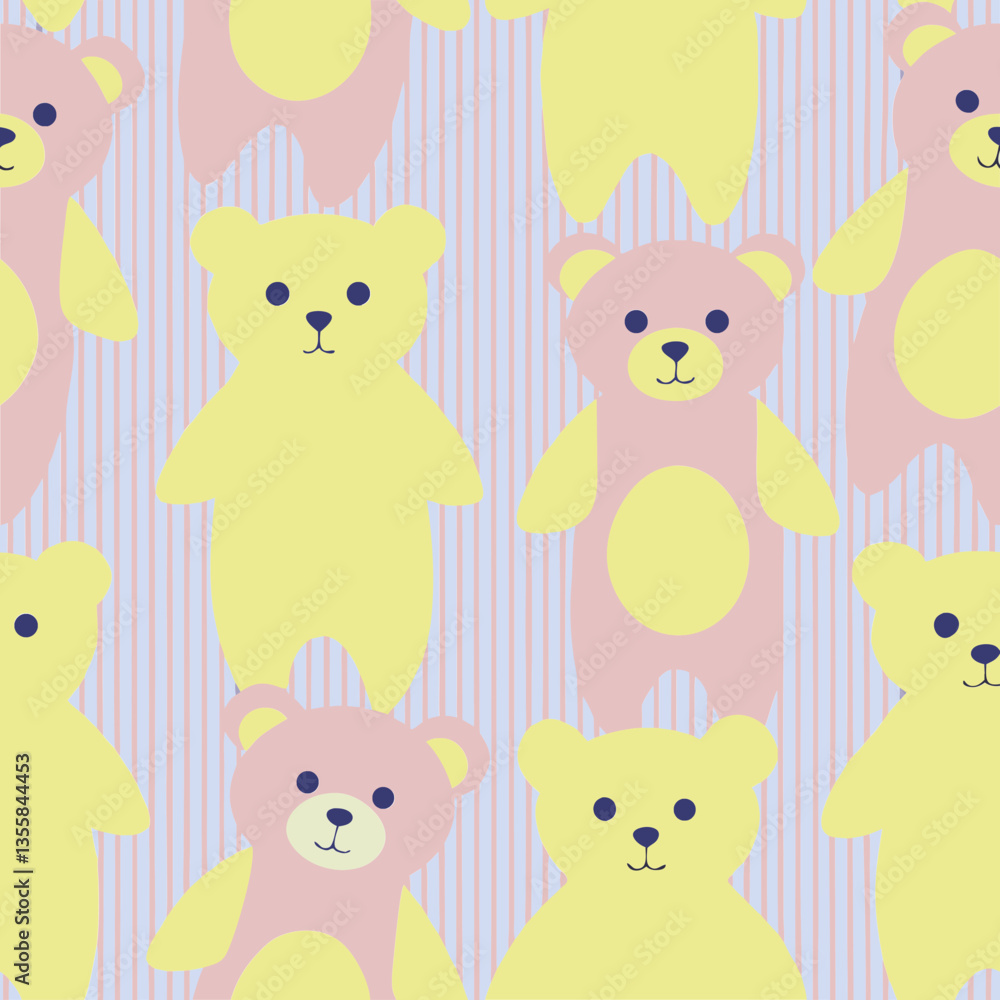 Seamless pattern with teddy bears and striped background for children's textile and decor