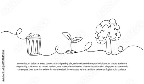 Continuous one line design of waste to tree growth. Minimalist style vector illustration on white background.