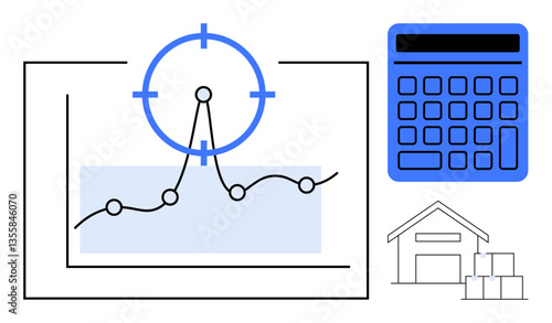 Line chart with target focus, calculator, warehouse with stacked boxes. Ideal for logistics, supply, finance, inventory management, data accuracy auditing forecasting. Flat simple metaphor