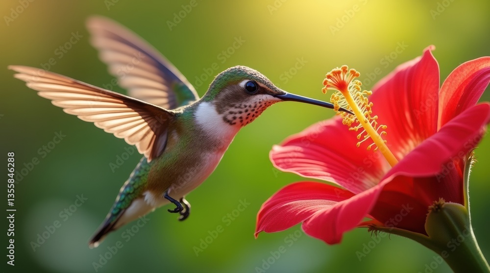 Naklejka premium A hummingbird pollinating a red flower, with its beak inside the flower, vibrant colors and sharp details, captured in a sunny natural setting