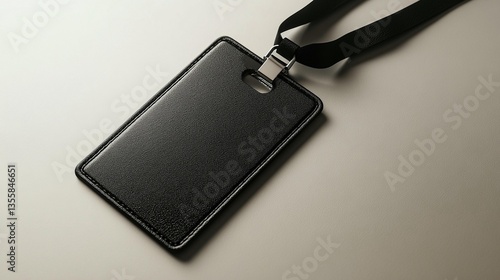 Black Leather ID Holder with Lanyard