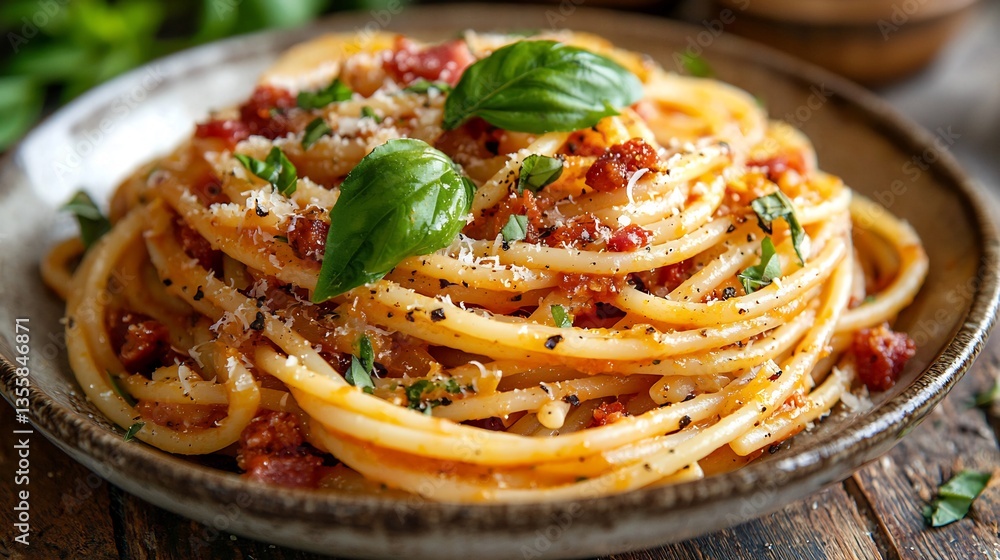 Fototapeta premium Delicious spaghetti with sun-dried tomatoes, parmesan cheese, and basil.