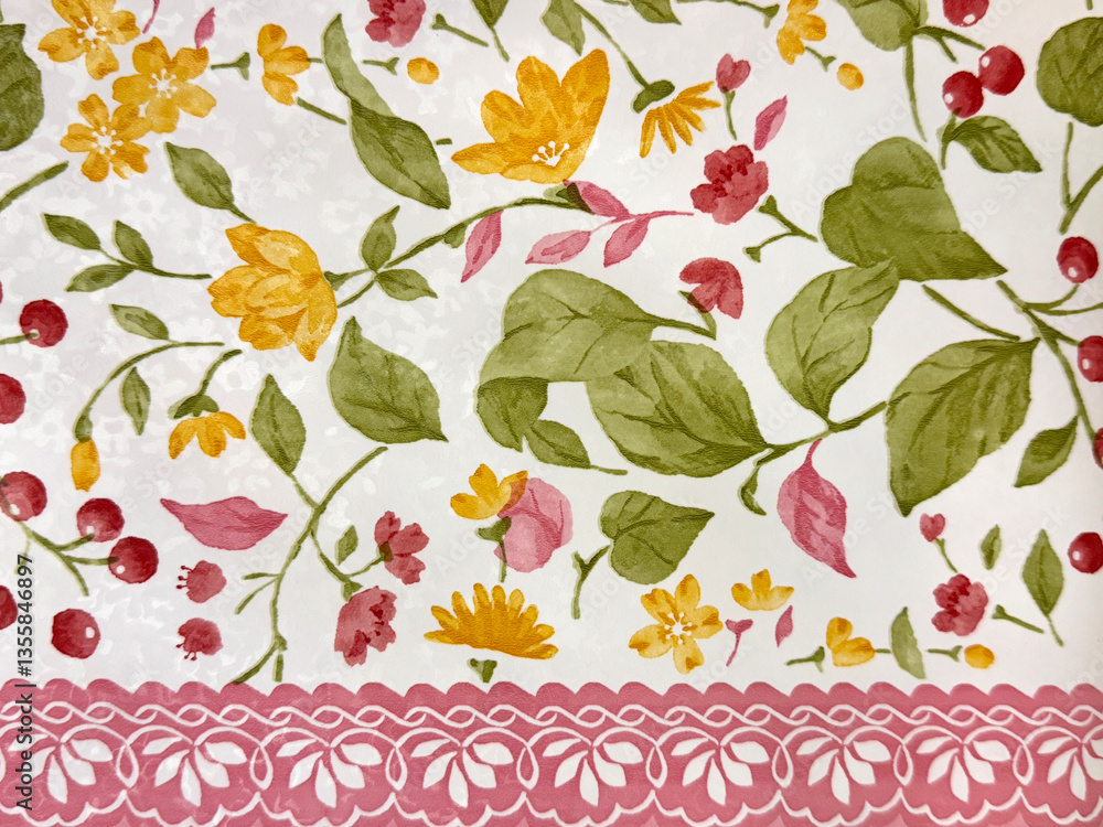 Close up of colorful flower and leaves illustration with pink ornamental lace illustration. Yellow and red floral shapes with swirls and green leaves. Classic pattern. Seamless background texture. Close up of colorful flower and leaves illustration with pink ornamental lace illustration. Yellow and red floral shapes with swirls and green leaves. Classic pattern. Seamless background texture.