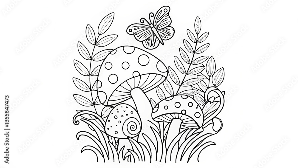 Obraz premium Coloring book page for adults. Black and white illustration of an amanita mushroom, shell, and butterfly among plants