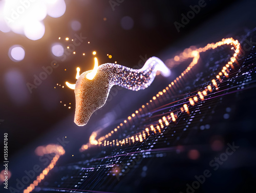 Abstract Digital Rendering of a Glowing Cow with Intricate Dot Patterns and Sparkle Effects on a Dark Background with Bokeh Lights in a Modern Style with Complex Lines