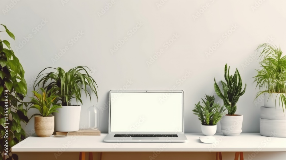 Minimalist Workspace with Potted Greenery and Wooden Desk leptop isolated on white background Minimalist Workspace with Potted Greenery and Wooden Desk leptop isolated on white background