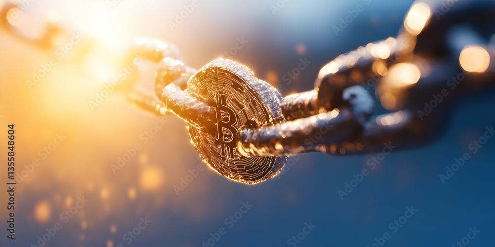 Abstract Metallic Chain Links in Golden Light on Blue Background Representing Connection Security and Industrial Strength with Detailed Macro Close Up and Shiny Texture