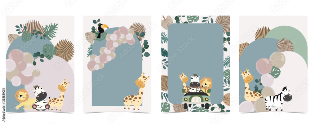 Naklejka premium Boho arch template background with paper palm leaves and balloons