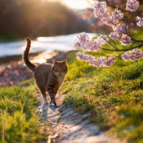 春の小川を散歩する猫