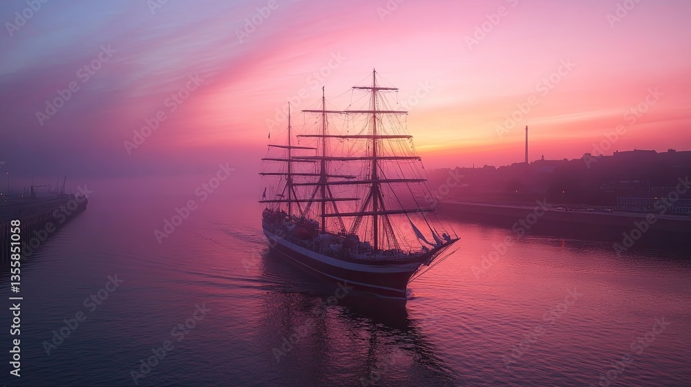 A ship in a busy port at dawn A ship in a busy port at dawn