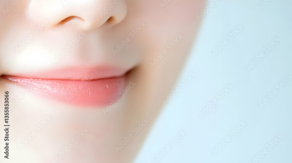 Obraz premium Close up on a Young Woman's Face Featuring Pink Glossy Lips Smooth Skin and Clean Complexion in Soft Natural Lighting for Beauty and Cosmetics Concepts