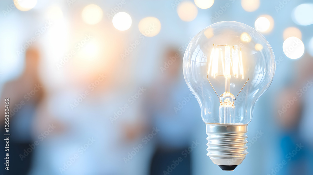Conceptual Lightbulb with Illuminated Filament and Blurred Business Team in a Meeting Room with Soft Lighting Emphasizing Ideas and Teamwork for Innovation and Corporate Growth Conceptual Lightbulb with Illuminated Filament and Blurred Business Team in a Meeting Room with Soft Lighting Emphasizing Ideas and Teamwork for Innovation and Corporate Growth
