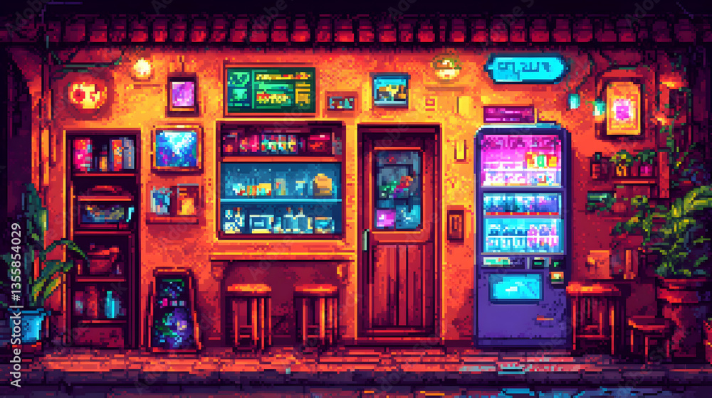 Pixel Art Night Street Cafe Building Exterior With Vending Machine