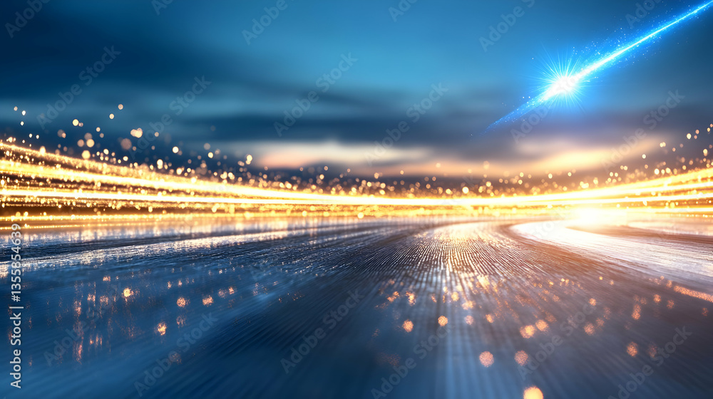 Fototapeta premium Dynamic Abstract Background with Flowing Blue and Orange Light Trails on Dark Backdrop Futuristic Design with Glowing Effects Digital Art and Motion Blur for Technological Concepts