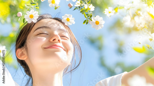 Dreamy Young Woman Smiling with Eyes Closed Under Floral Canopy on Sunny Day in Spring with Bright Light and Clear Sky