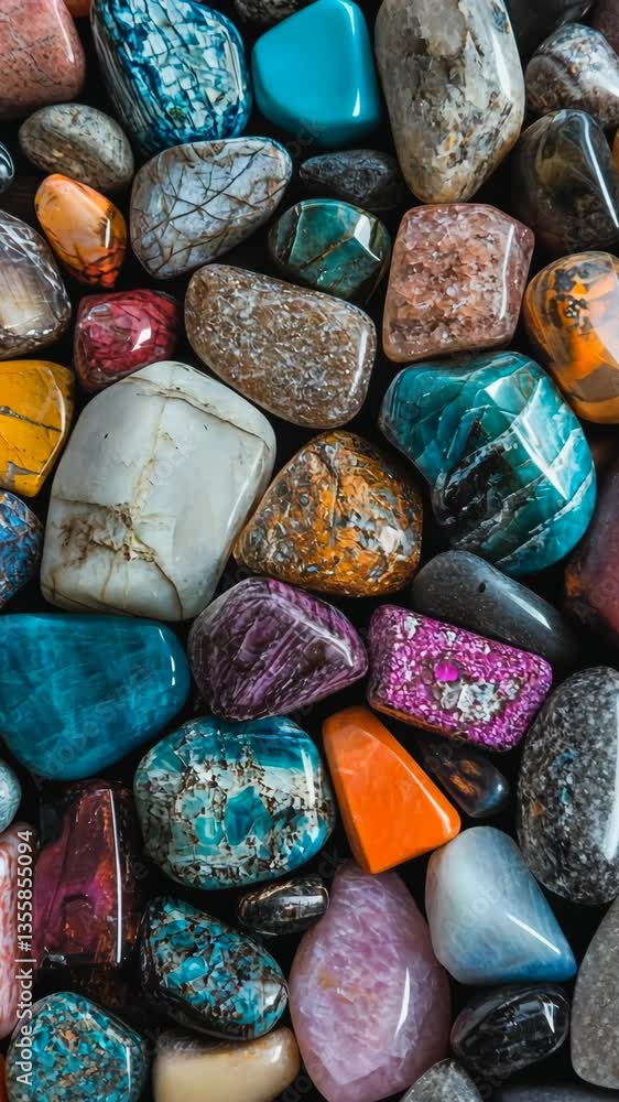 Colorful collection of polished gemstones displayed on a wooden surface Colorful collection of polished gemstones displayed on a wooden surface