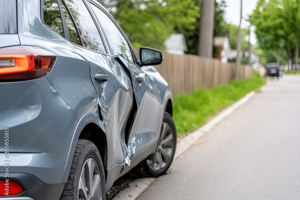 Fototapeta premium Damaged car door, dented and scratched, parked on street, after a collision accident.