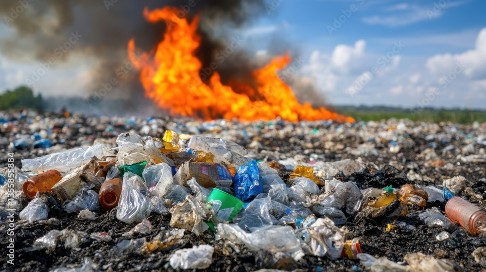 Obraz premium Burning pile of garbage emits smoke, plastic waste pollutes the foreground.