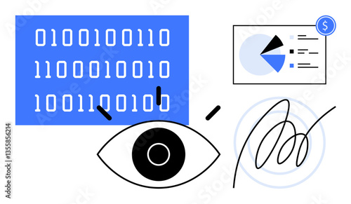 Binary code, analytical eye, pie chart, and financial signature convey data analysis, insights, surveillance, decision-making, cybersecurity business intelligence and technological progress. Flat