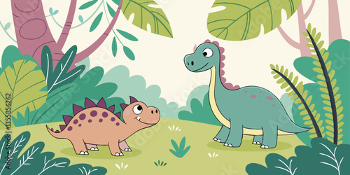 Cute Baby Dinosaurs in Prehistoric Forest, Design for Children. Colorful and Playful imaginary dino animals wallpaper. Vector funny dinosaur, vector background design for kids.
