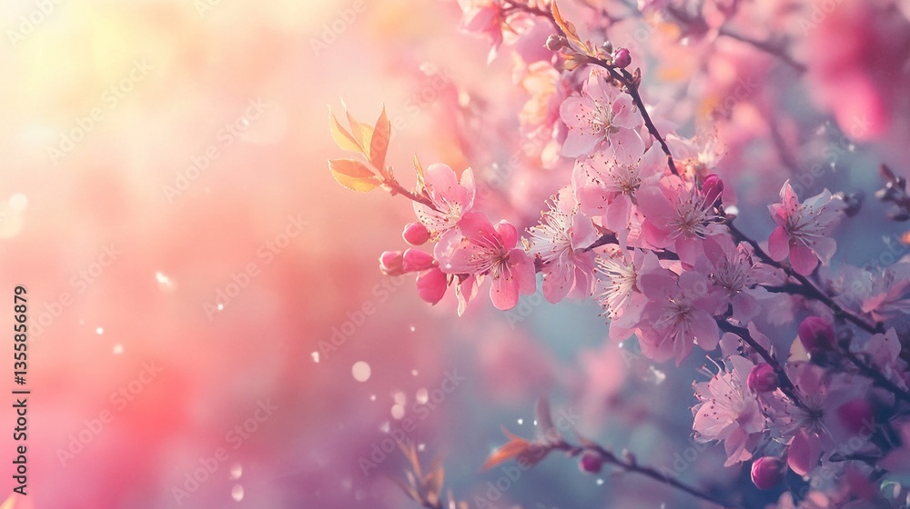 Beautiful spring scene showing a peach bush in bloom with delicate pink flowers against a colorful background. Beautiful spring scene showing a peach bush in bloom with delicate pink flowers against a colorful background.