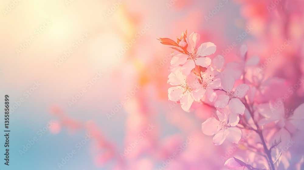 Beautiful spring scene showing a peach bush in bloom with delicate pink flowers against a colorful background. Beautiful spring scene showing a peach bush in bloom with delicate pink flowers against a colorful background.