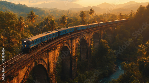 Blue Train Traversing Nine Arch Bridge in Sri Lanka with Lush Green Forest at Golden Hour Under Sunlight