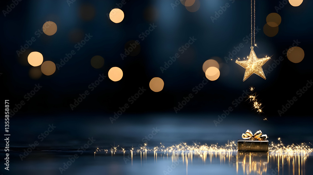 Obraz premium Golden Star Hanging over a Present on a Dark Surface with Golden Bokeh Light Christmas Celebration Festive Sparkle Luxury New Year Holiday Season Greeting Card and Dark Background