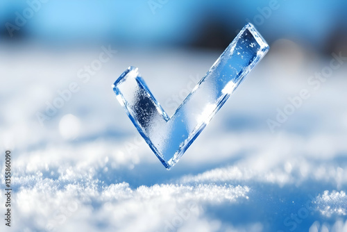 Icy Check Mark Symbol on Snowy Surface Against a Softly Blurred Blue Background Symbolizing Correct Choice and Verification with a Cold Wintery Texture and Frozen Visual