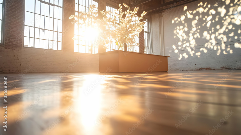 Indoor Room with Sunlight Streaming Through Windows Casting Shadows on Wooden Floor with Tree Plant in Modern Decor and Brick Elements in Bright Day Light Indoor Room with Sunlight Streaming Through Windows Casting Shadows on Wooden Floor with Tree Plant in Modern Decor and Brick Elements in Bright Day Light