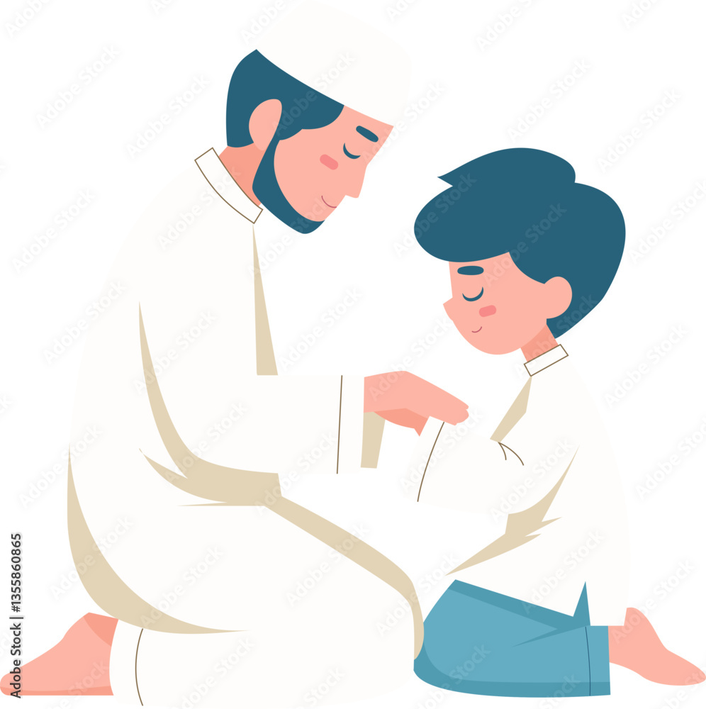 Fototapeta premium Happy Eid al-Fitr and Eid al-Adha Muslim Family Illustration - Islamic Celebration with Forgiveness Pose