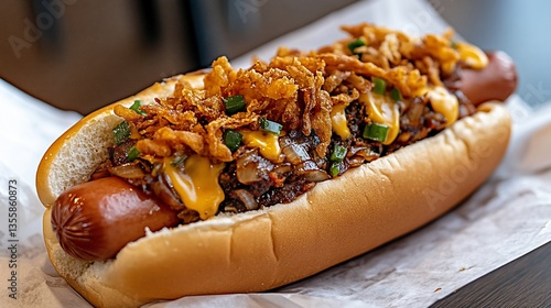 Gourmet hot dog with caramelized onions, crispy fried shallots, and cheese