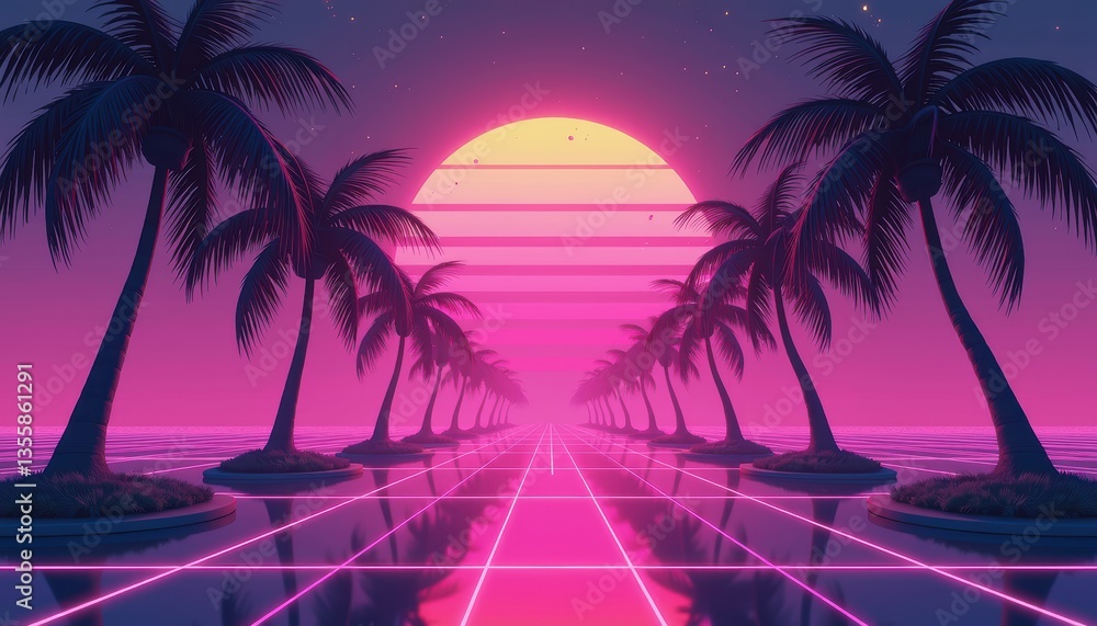 Naklejka premium Vibrant Cyberpunk Sunset Landscape 3D Wallpaper Retro Futurism Nostaia. A neonlit tropical beach with palm trees and a sunset.