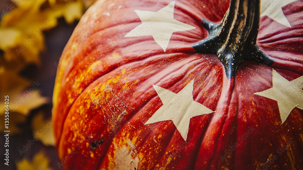 Naklejka premium A close-up of an orange pumpkin with a pattern of the stars of the US flag. Halloween in the USA.