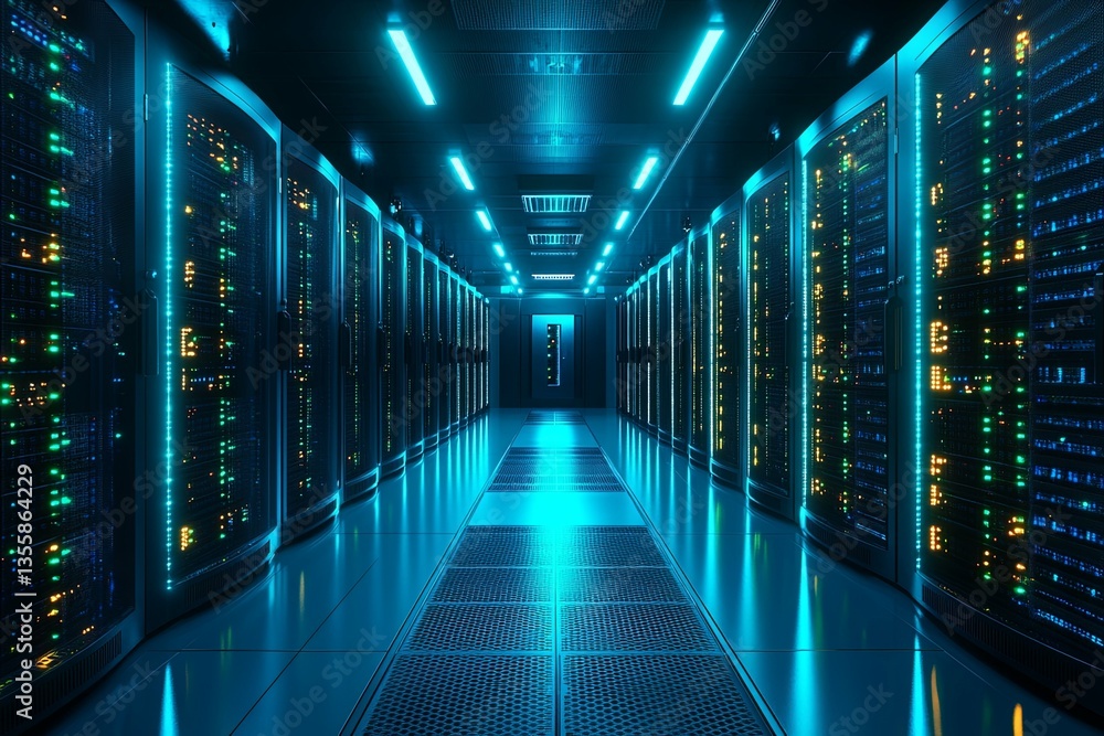 A server room shows rows of data storage equipment illuminated A server room shows rows of data storage equipment illuminated