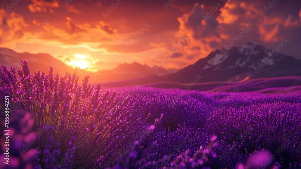 Fototapeta premium A stunning landscape showcasing a vibrant field of lavender bathed in the warm golden light of sunset.