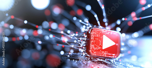 Red Play Button with White Arrow Surrounded by Glowing Fiber Optic Cables Representing High Speed Data Transmission and Modern Internet Connection Concept on Dark Background