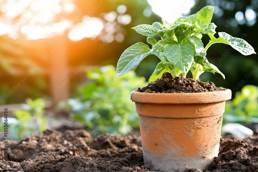 Seedling Growing in Terra Cotta Pot on Soil with Green Leaves Under Bright Sunlight in Garden Cultivating New Life in Agriculture and Horticulture with Healthy Nourishment Seedling Growing in Terra Cotta Pot on Soil with Green Leaves Under Bright Sunlight in Garden Cultivating New Life in Agriculture and Horticulture with Healthy Nourishment