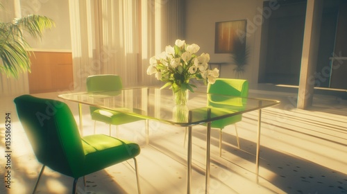 Elegant dining scene with vibrant green chairs and a luminous atmosphere