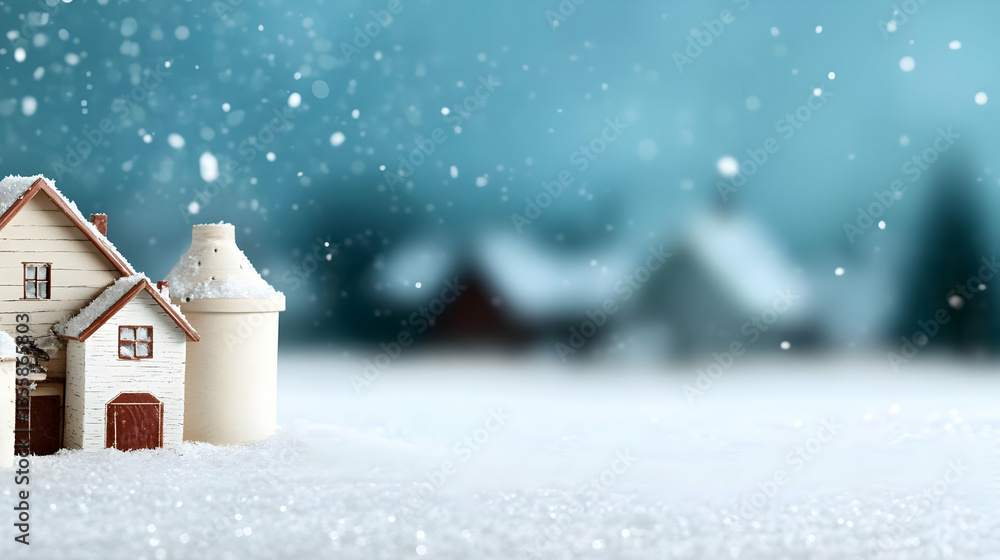 Snow Covered Miniature Houses Under Falling Snow in a Wintery Scene with Soft Blue Background, Holiday Season Ambiance and Serene Atmosphere, Focus on Foreground Details Snow Covered Miniature Houses Under Falling Snow in a Wintery Scene with Soft Blue Background, Holiday Season Ambiance and Serene Atmosphere, Focus on Foreground Details