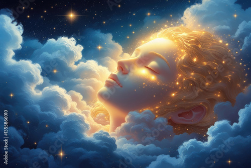 Dreamy celestial portrait of glowing woman in clouds
