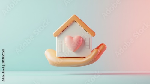 Floating 3D Icon of Elderly Care Symbol Featuring a House and Heart
