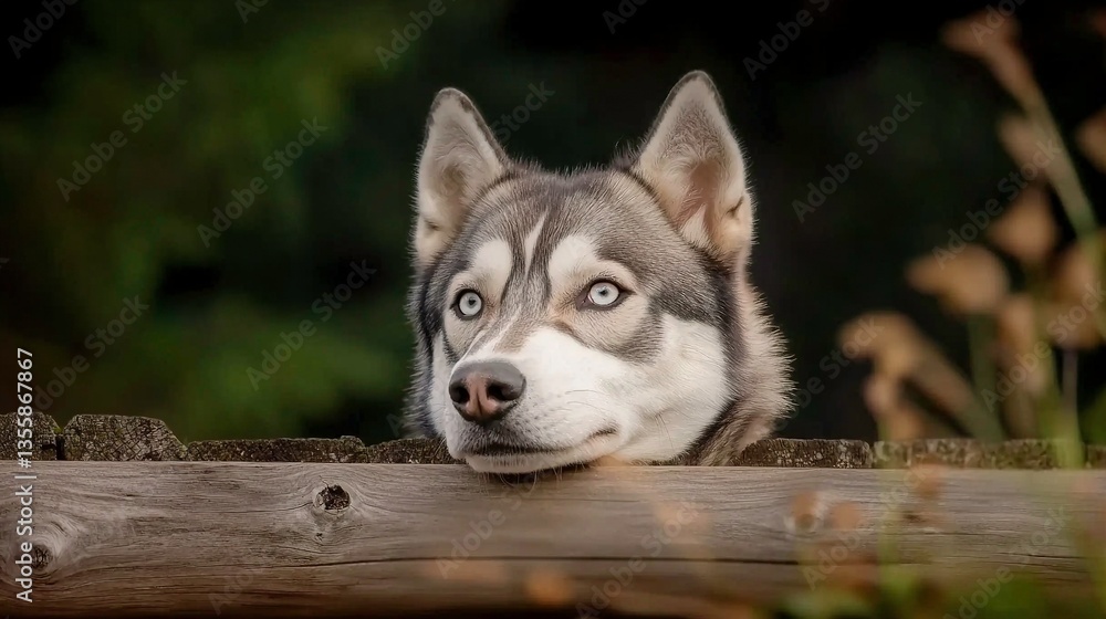 Husky Dog at Wooden Fence