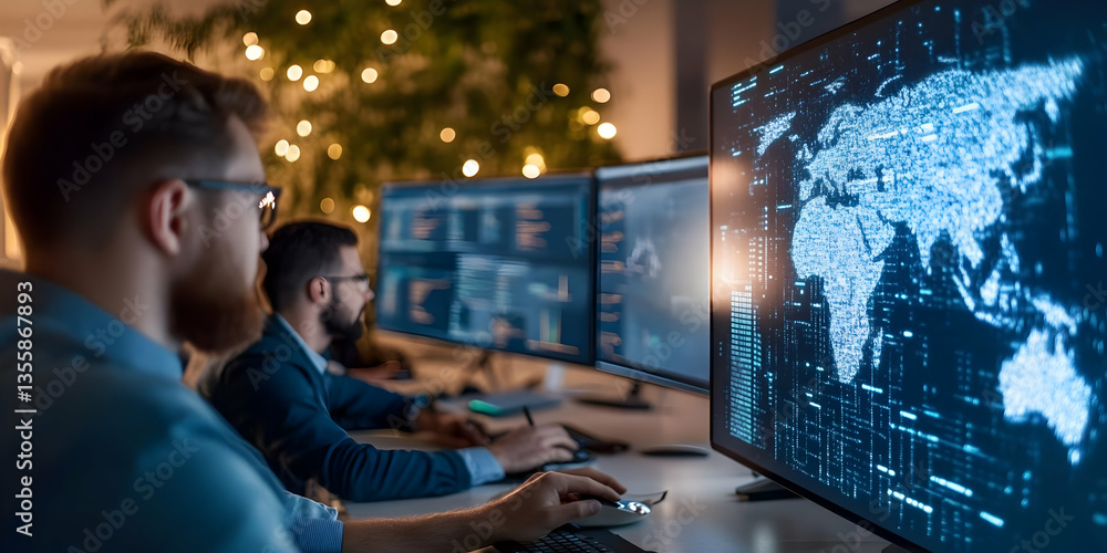 Two Men Analyzing World Map Data on Multiple Computer Screens in Modern Office During Evening Showcasing Cybersecurity and Network Connectivity with Blurred Background Under Warm Lighting Two Men Analyzing World Map Data on Multiple Computer Screens in Modern Office During Evening Showcasing Cybersecurity and Network Connectivity with Blurred Background Under Warm Lighting