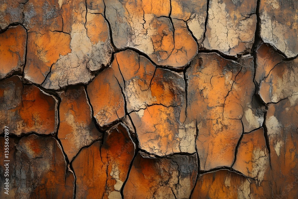 Fototapeta premium Close-up of cracked, weathered orange and brown surface showcasing intricate textures and patterns
